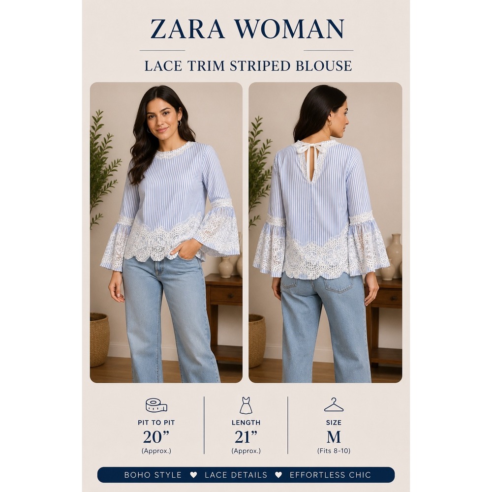 Zara Woman Blue White Striped Lace Bell Sleeve Tie Back Blouse Top Small
